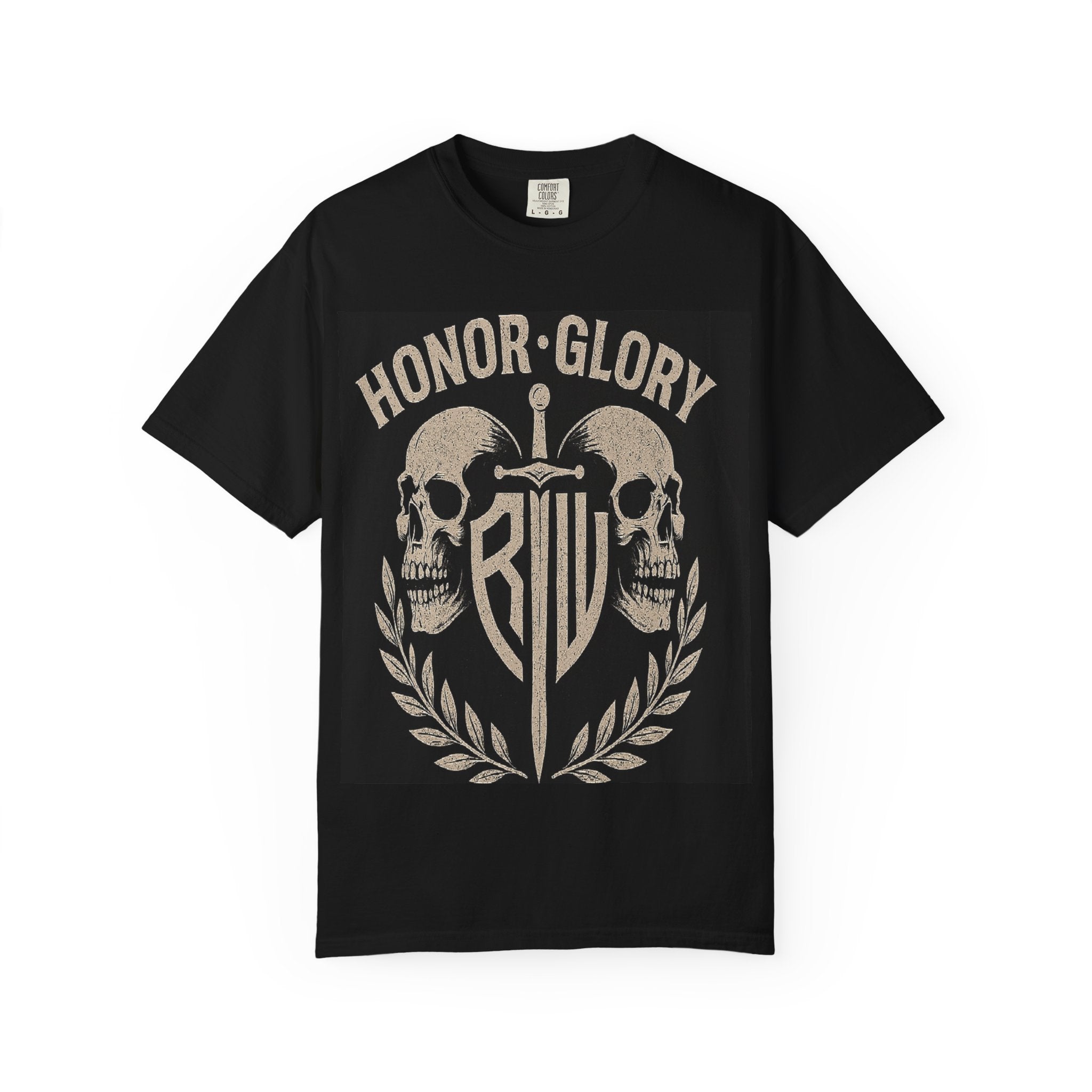 Honor & Glory T-Shirt, Unisex Garment-Dyed Tee, Skull Graphic Shirt, Distressed Vintage Style, Perfect for Gifting, Casual Wear