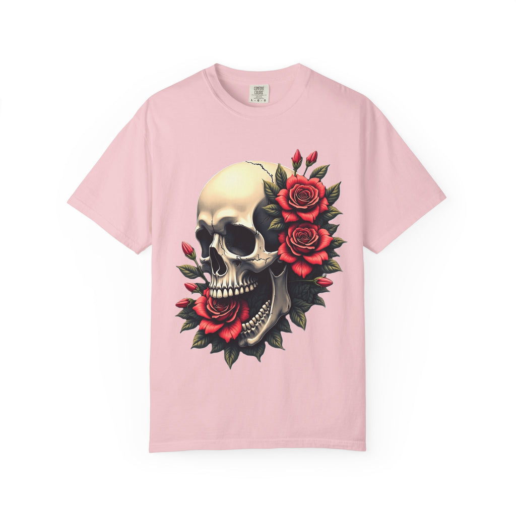 Skull & Roses T-Shirt - Edgy Graphic Tee for Gothic Style, Unisex, Casual Wear, Halloween Gift, Alternative Fashion