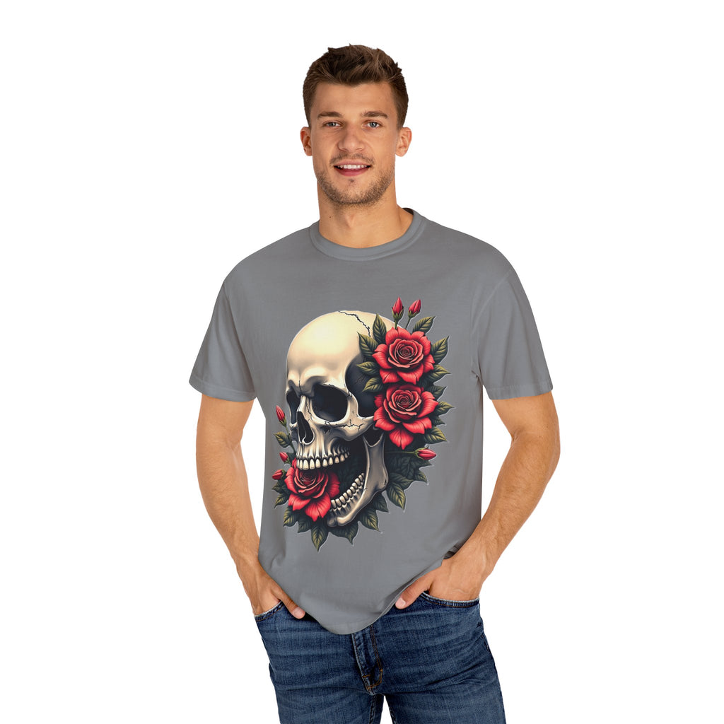 Skull & Roses T-Shirt - Edgy Graphic Tee for Gothic Style, Unisex, Casual Wear, Halloween Gift, Alternative Fashion