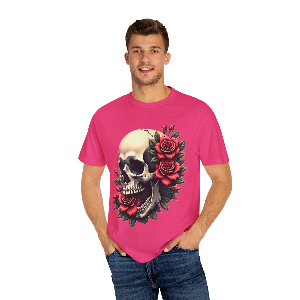 Skull & Roses T-Shirt - Edgy Graphic Tee for Gothic Style, Unisex, Casual Wear, Halloween Gift, Alternative Fashion
