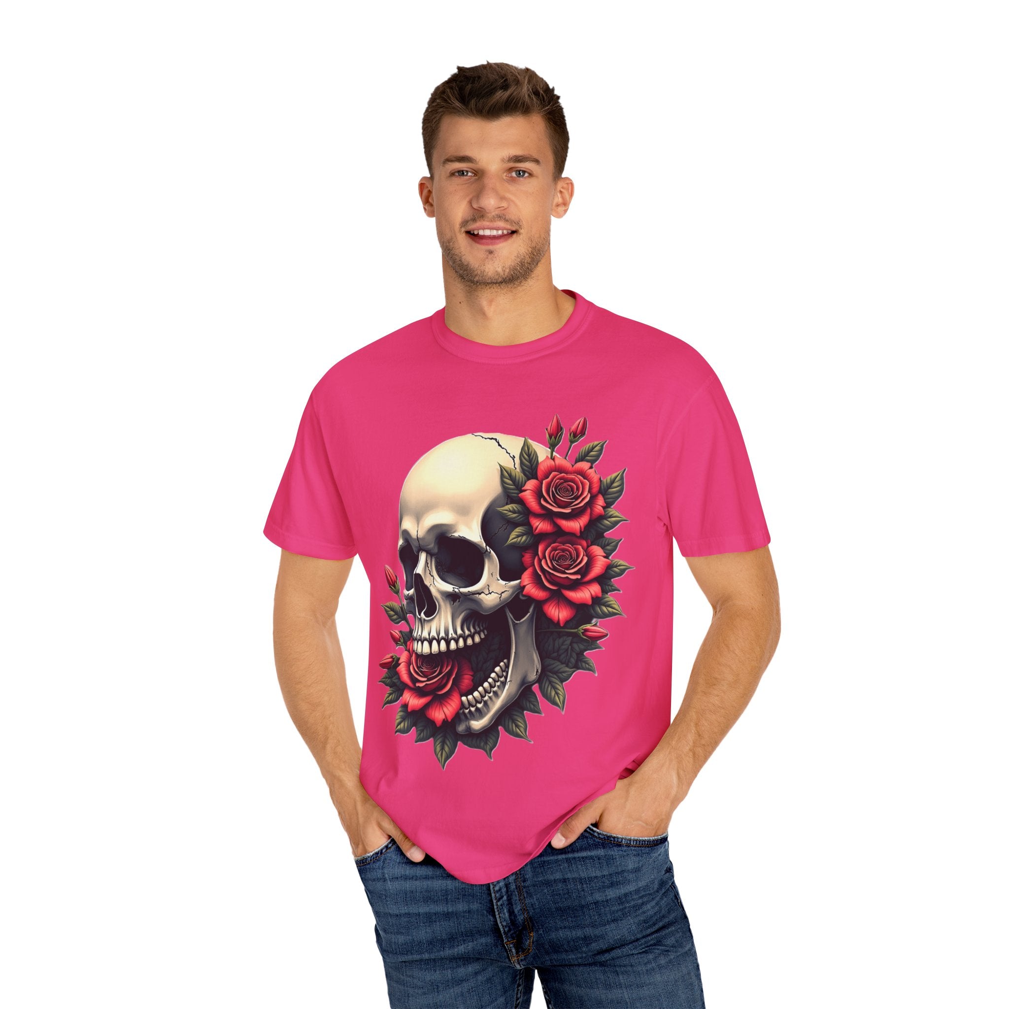 Skull & Roses T-Shirt - Edgy Graphic Tee for Gothic Style, Unisex, Casual Wear, Halloween Gift, Alternative Fashion
