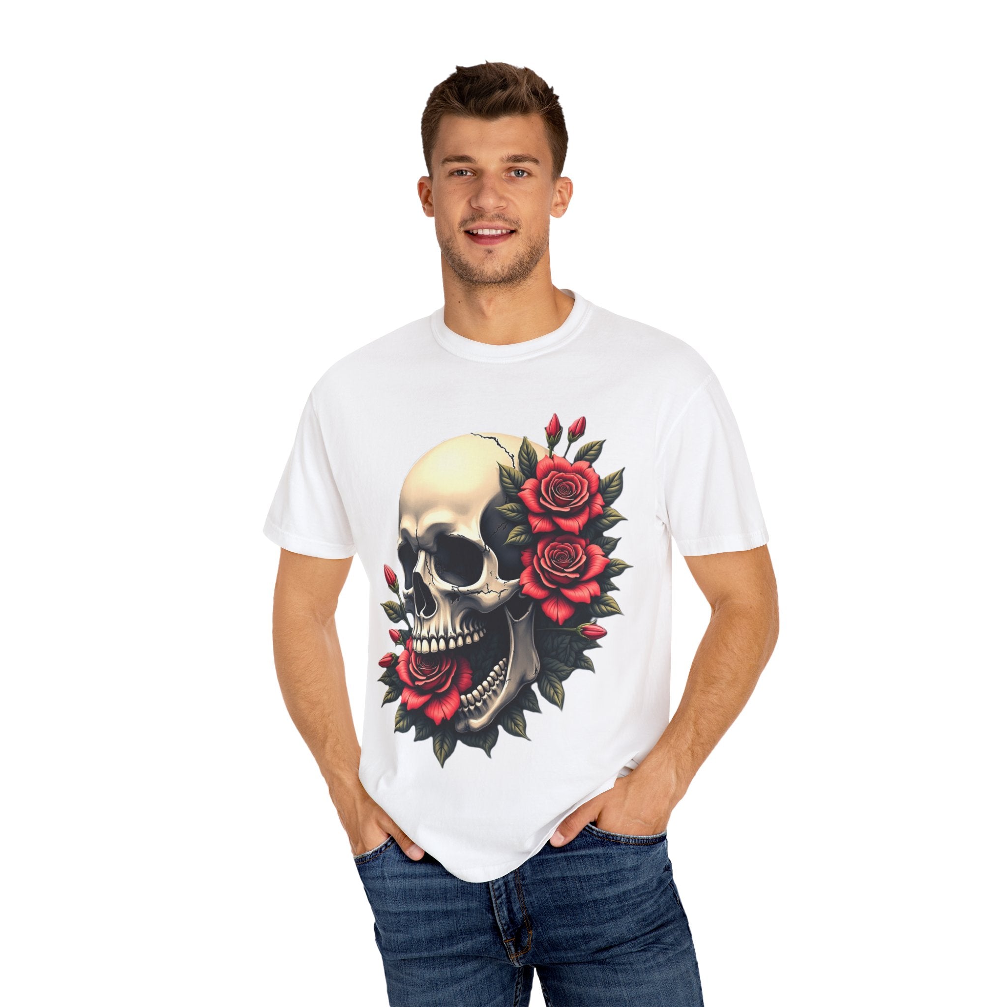 Skull & Roses T-Shirt - Edgy Graphic Tee for Gothic Style, Unisex, Casual Wear, Halloween Gift, Alternative Fashion