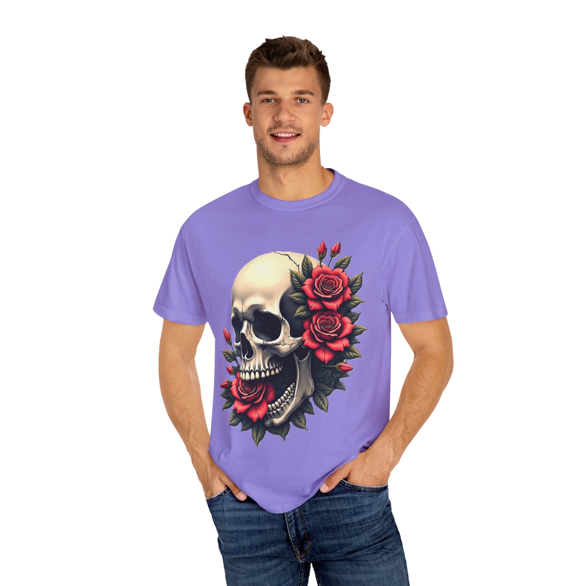 Skull & Roses T-Shirt - Edgy Graphic Tee for Gothic Style, Unisex, Casual Wear, Halloween Gift, Alternative Fashion