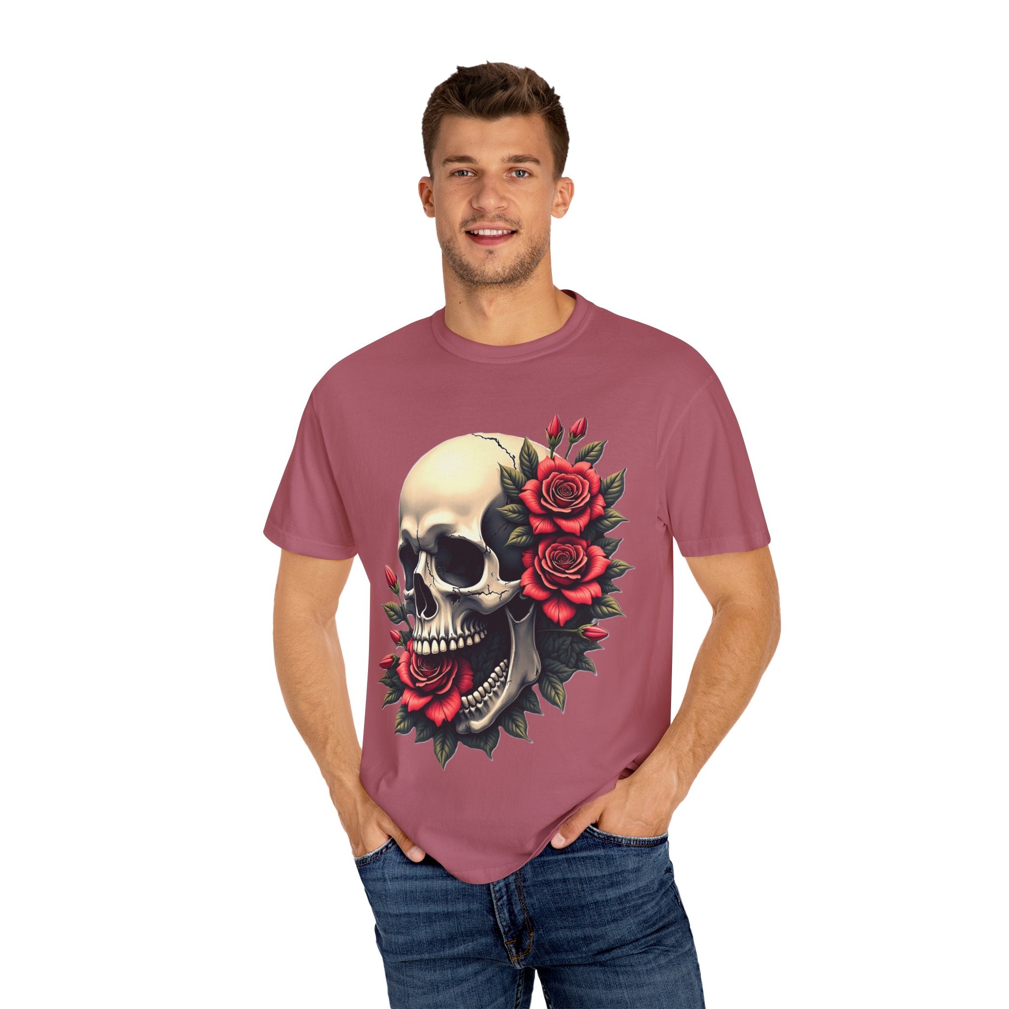 Skull & Roses T-Shirt - Edgy Graphic Tee for Gothic Style, Unisex, Casual Wear, Halloween Gift, Alternative Fashion