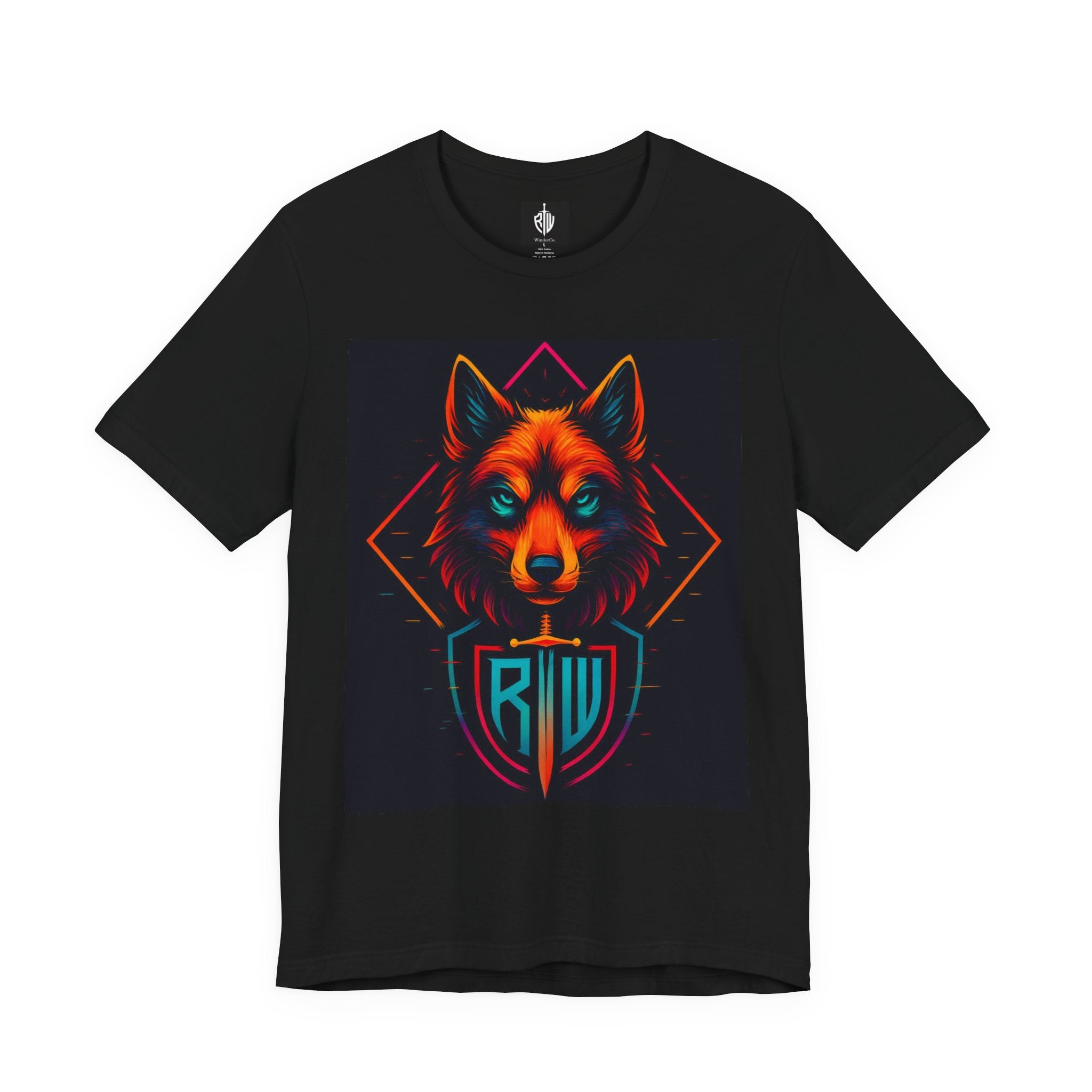 Neon Wolf Shield T‑Shirt — Vibrant Geometric Wolf Graphic Tee