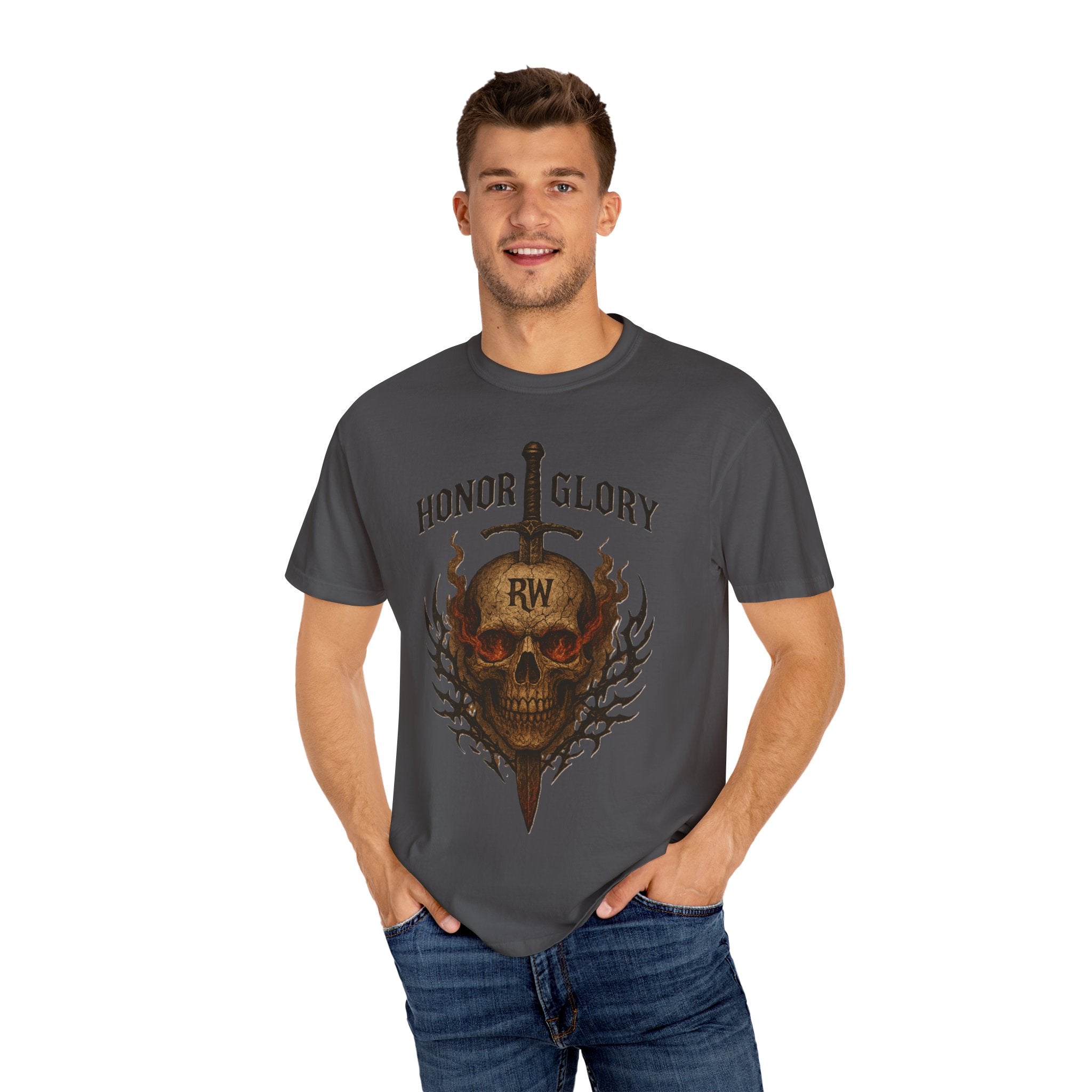 Honor Glory Skull T-Shirt, Unisex Graphic Tee, Edgy Streetwear, Casual Wear, Gift for Him/Her, Perfect for Festivals