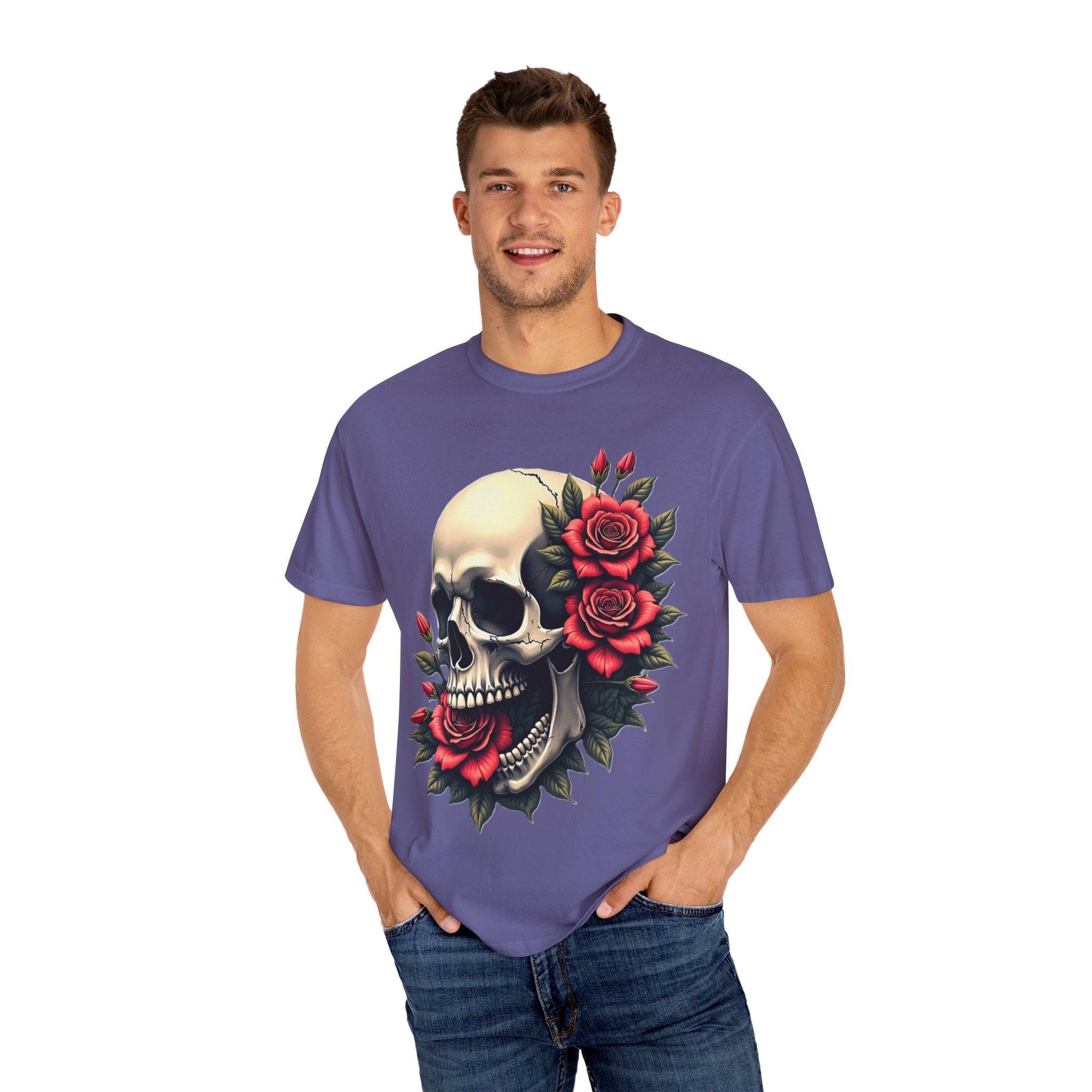 Skull & Roses T-Shirt - Edgy Graphic Tee for Gothic Style, Unisex, Casual Wear, Halloween Gift, Alternative Fashion