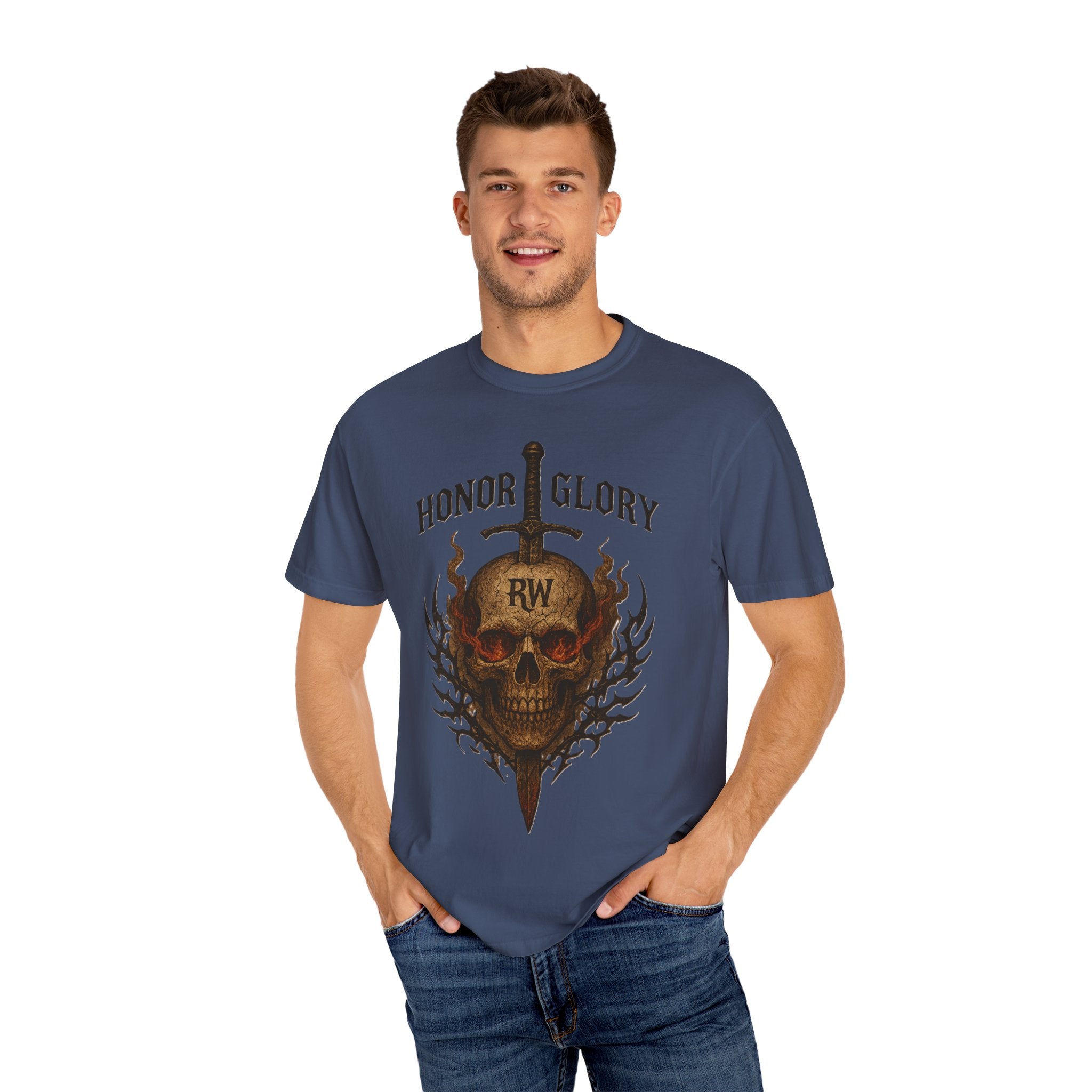 Honor Glory Skull T-Shirt, Unisex Graphic Tee, Edgy Streetwear, Casual Wear, Gift for Him/Her, Perfect for Festivals
