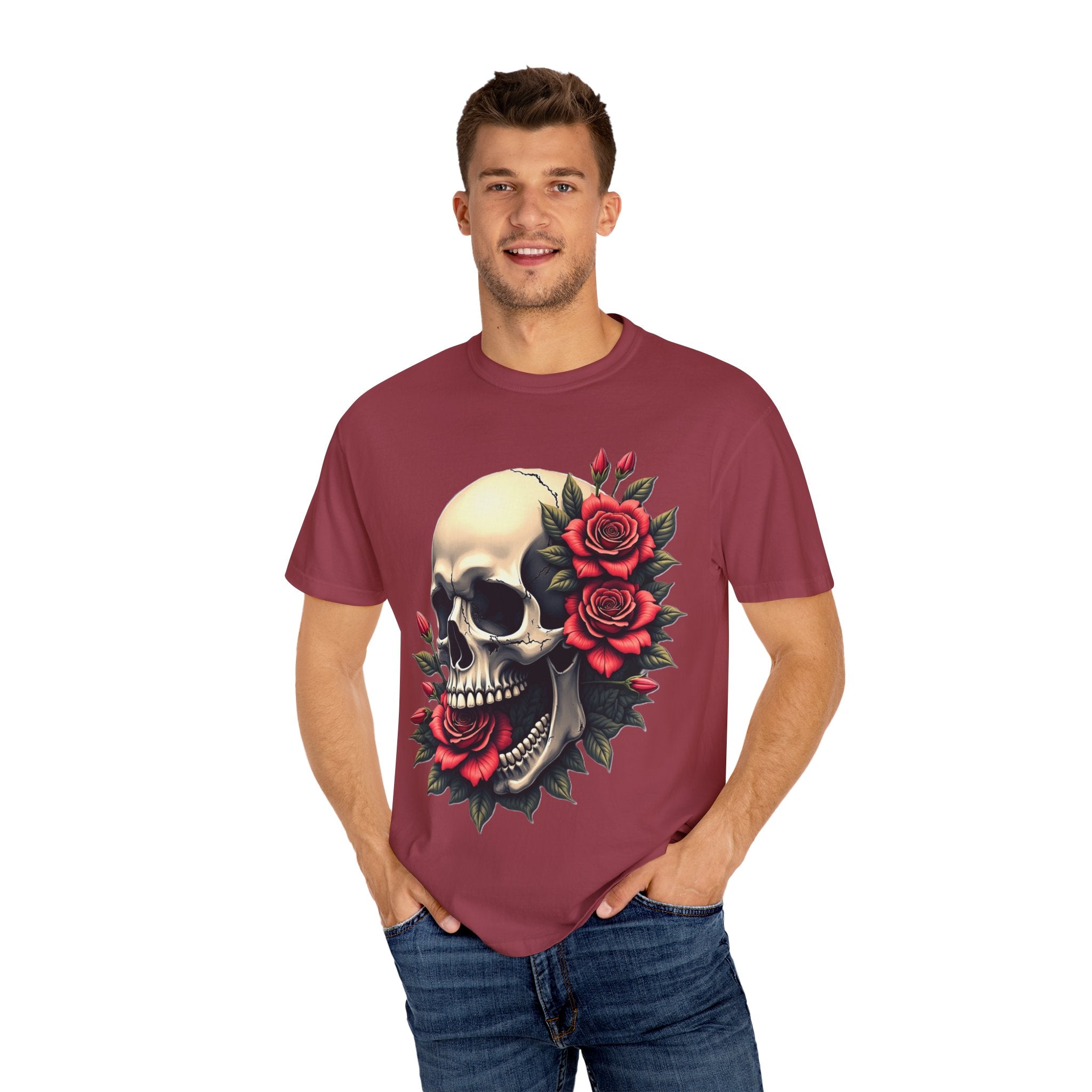 Skull & Roses T-Shirt - Edgy Graphic Tee for Gothic Style, Unisex, Casual Wear, Halloween Gift, Alternative Fashion