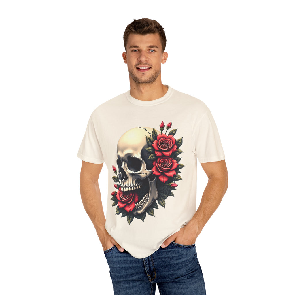 Skull & Roses T-Shirt - Edgy Graphic Tee for Gothic Style, Unisex, Casual Wear, Halloween Gift, Alternative Fashion