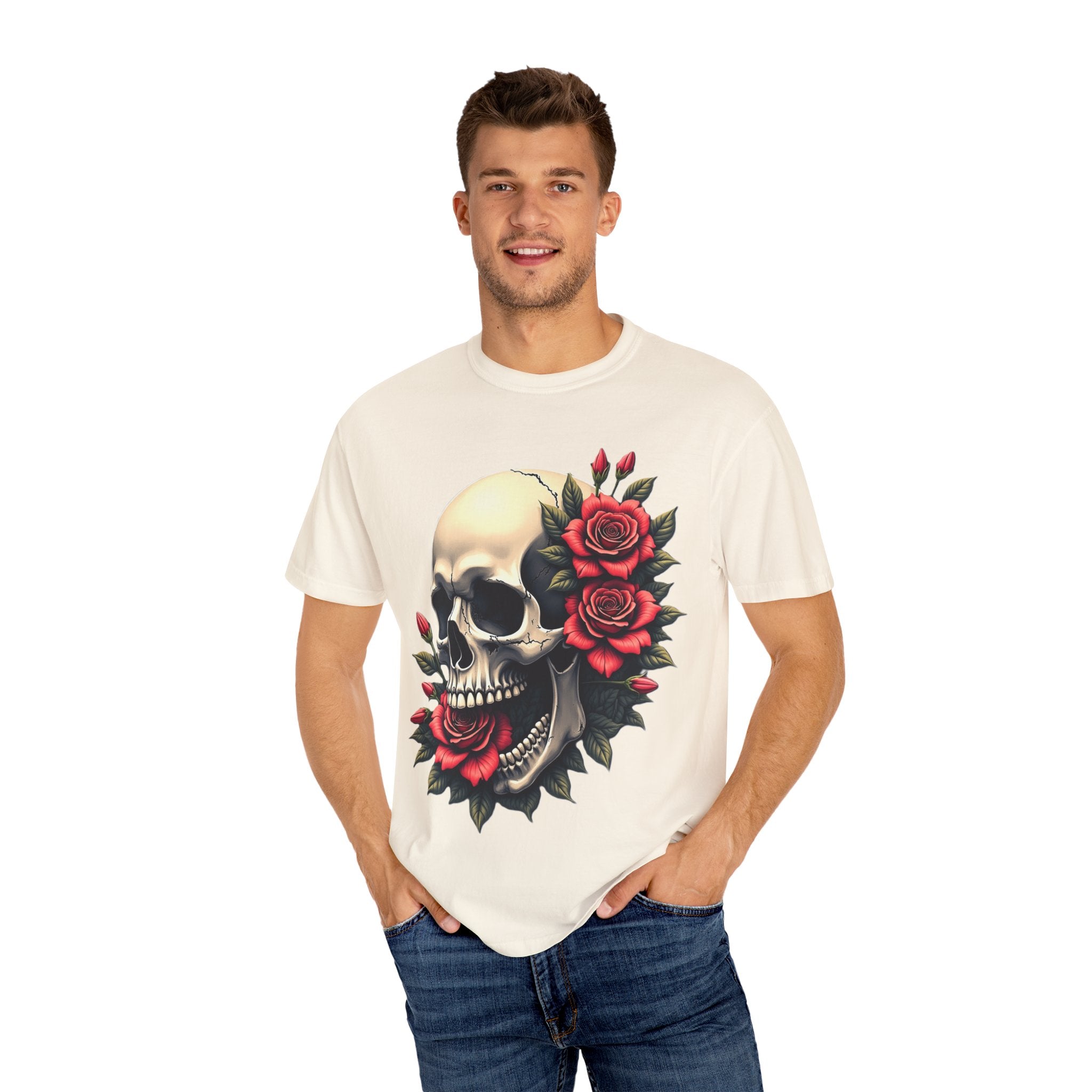 Skull & Roses T-Shirt - Edgy Graphic Tee for Gothic Style, Unisex, Casual Wear, Halloween Gift, Alternative Fashion