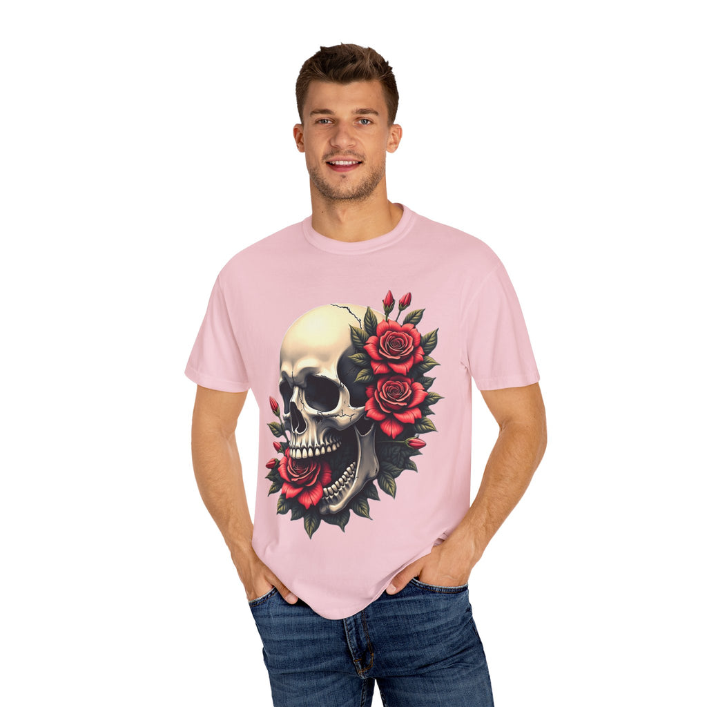 Skull & Roses T-Shirt - Edgy Graphic Tee for Gothic Style, Unisex, Casual Wear, Halloween Gift, Alternative Fashion