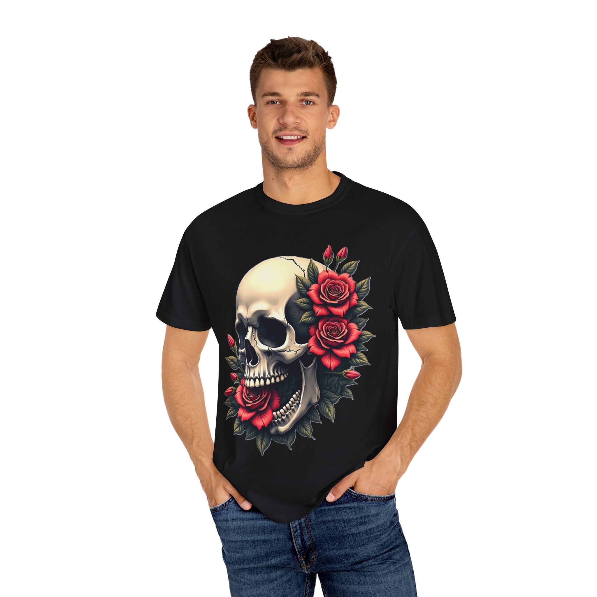 Skull & Roses T-Shirt - Edgy Graphic Tee for Gothic Style, Unisex, Casual Wear, Halloween Gift, Alternative Fashion
