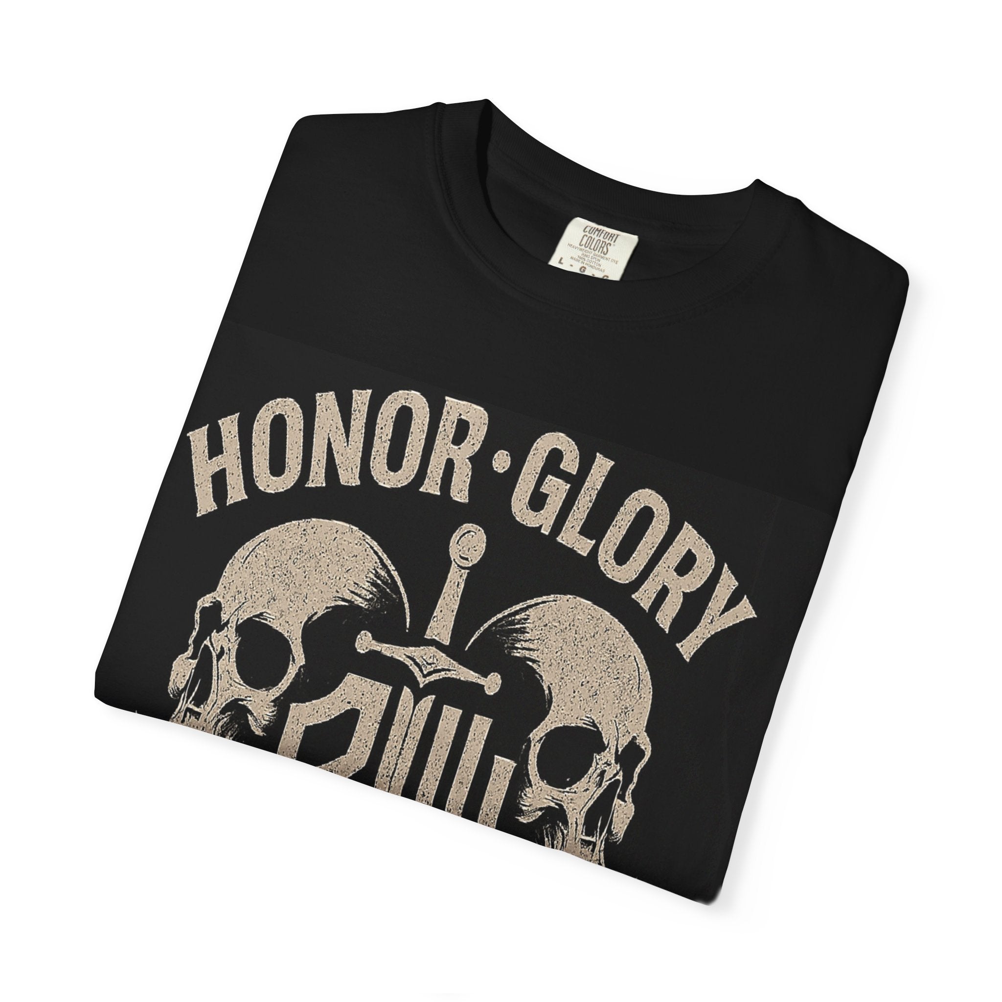 Honor & Glory T-Shirt, Unisex Garment-Dyed Tee, Skull Graphic Shirt, Distressed Vintage Style, Perfect for Gifting, Casual Wear
