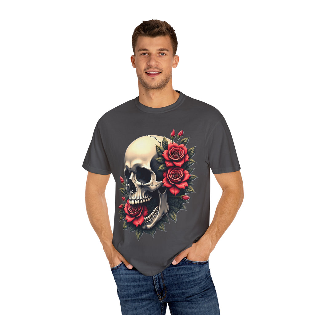 Skull & Roses T-Shirt - Edgy Graphic Tee for Gothic Style, Unisex, Casual Wear, Halloween Gift, Alternative Fashion