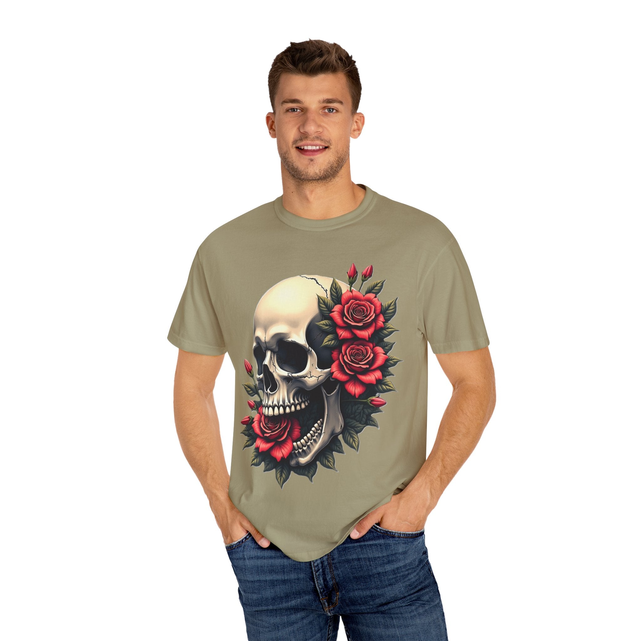 Skull & Roses T-Shirt - Edgy Graphic Tee for Gothic Style, Unisex, Casual Wear, Halloween Gift, Alternative Fashion