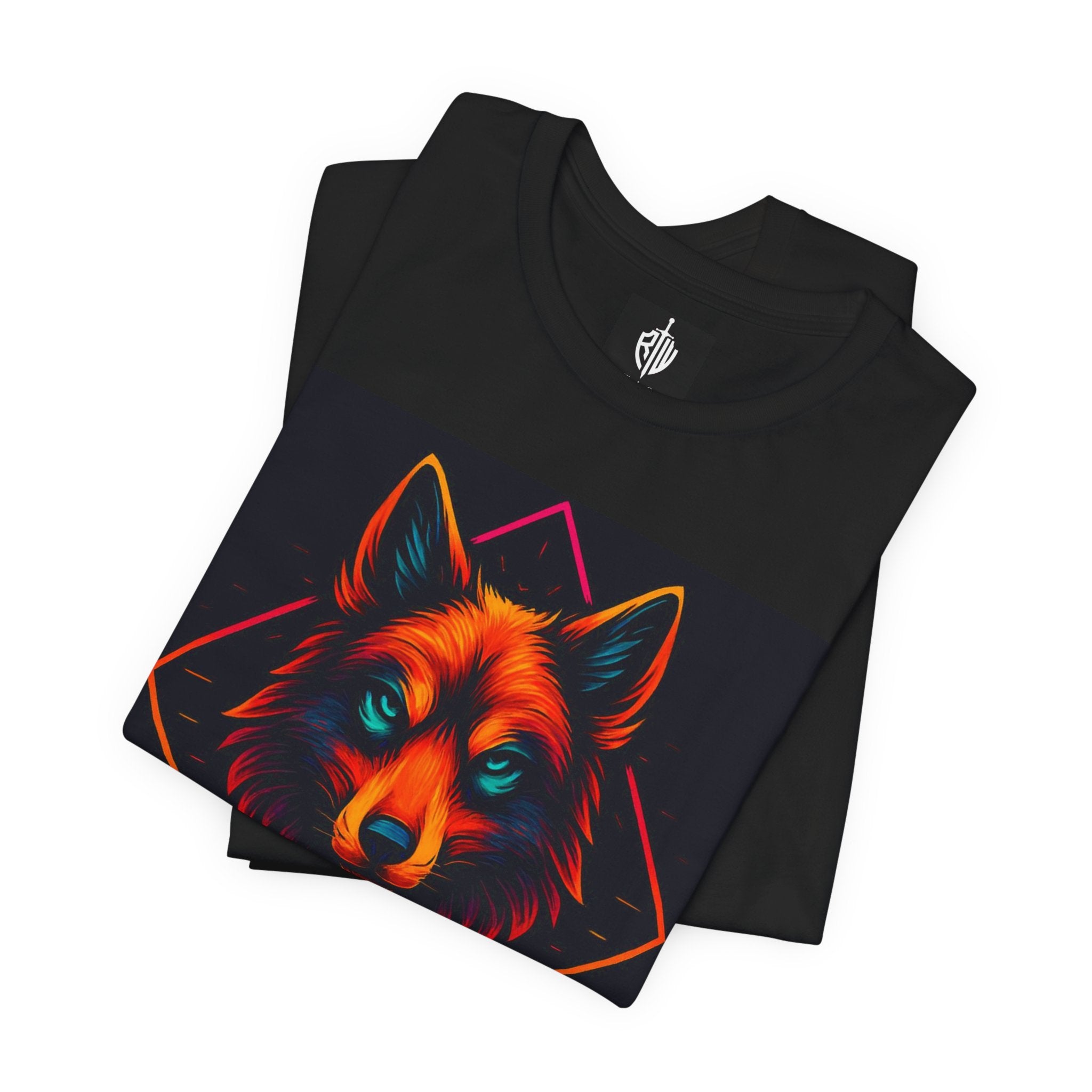 Neon Wolf Shield T‑Shirt — Vibrant Geometric Wolf Graphic Tee